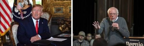El mandatario de EU, Donald Trump, en conferencia de prensa el pasado 24 de diciembre en su residencia de descanso en Mar-a-Lago, en Palm Beach, Florida.  En la segunda imagen, el aspirante a la candidatura demócrata a la presidencia Bernie Sanders anunció el 29 de diciembre que la recaudación de fondos va en aumento.Foto Ap