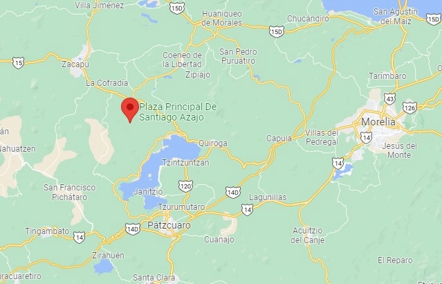 Presuntos comuneros que están en contra del presupuesto directo para el pueblo indígena de Santiago Azajo, municipio de Coeneo, incendiaron llantas y bloquearon la carretera Morelia-Zacapu. Imagen tomada de www.google.com/maps