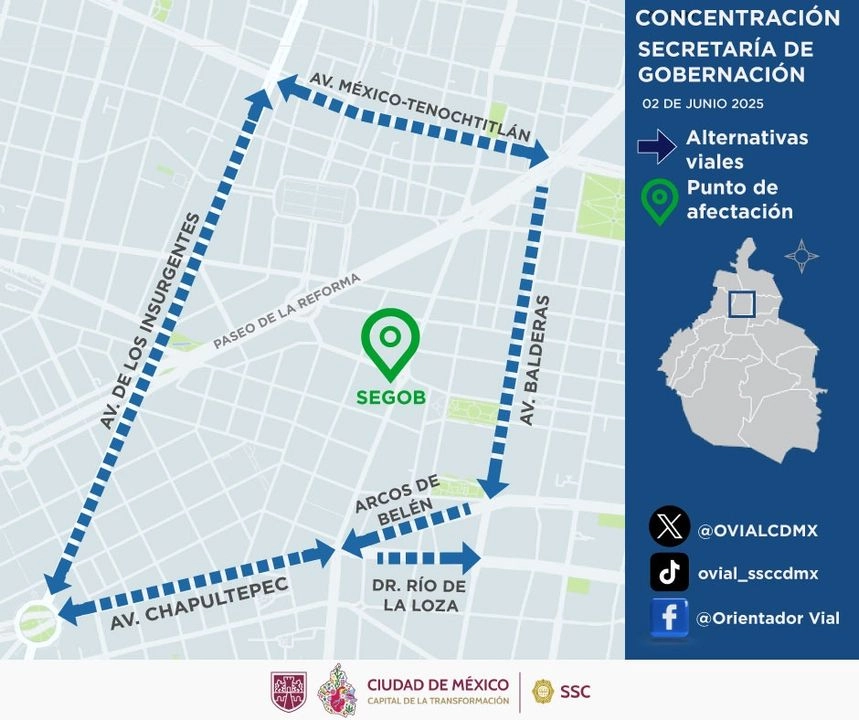 La SSC señaló que los automovilistas pueden usar como opciones viales: avenida Insurgentes, avenida México-Tenochtitlán, Eje 1 Norte.
