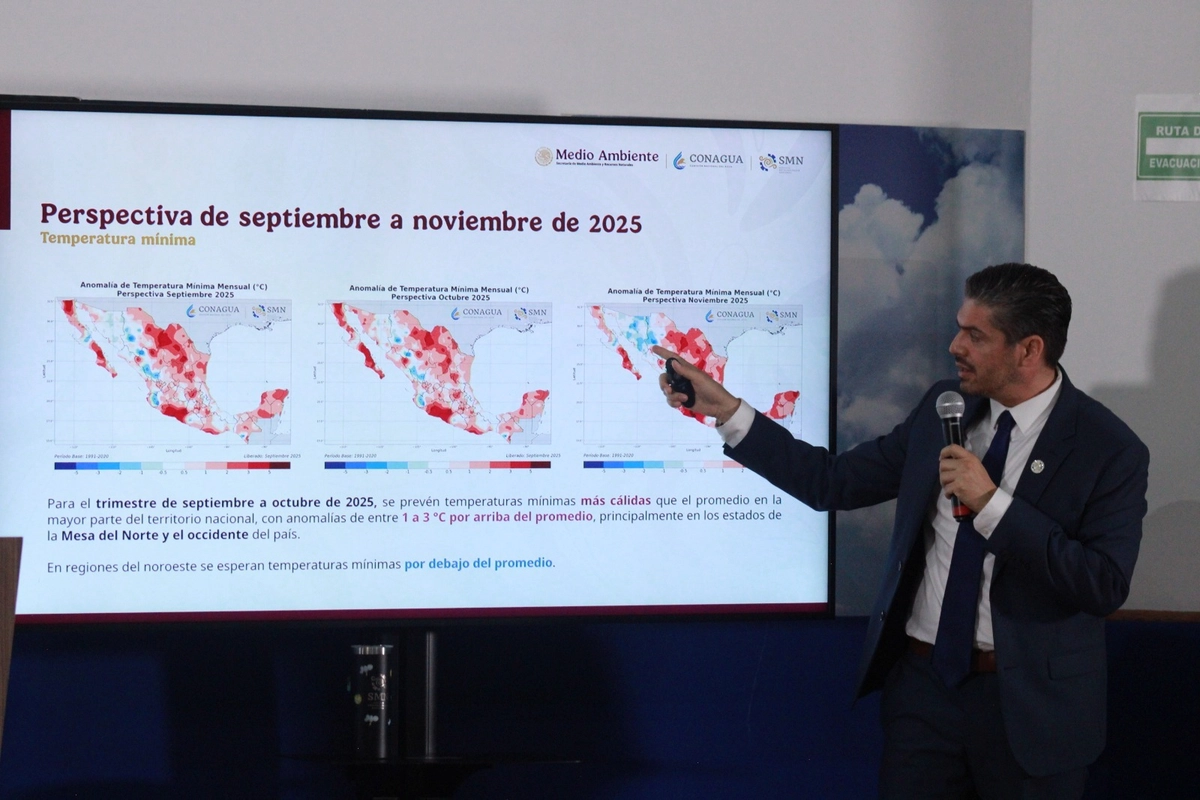 Para el trimestre de septiembre a noviembre de 2025, se esperan temperaturas mínimas con entre 1 y 3 grados centígrados por arriba del promedio climatológico de la mayor parte del país, señaló Fabián Vázquez Romaña, coordinador del SMN. Foto cortesía 