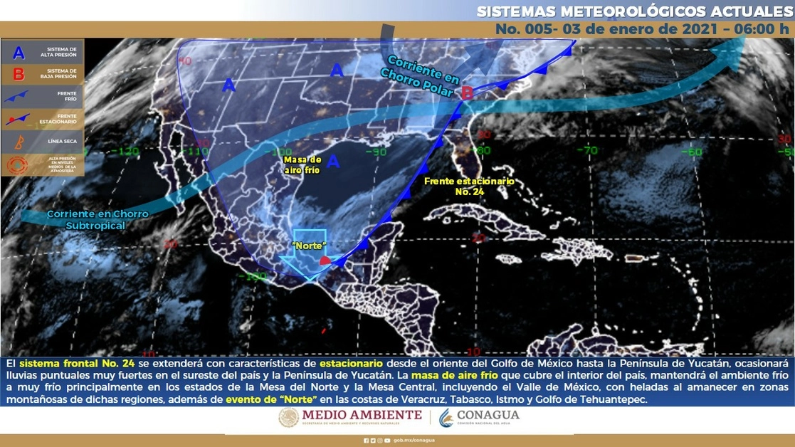 Se estiman temperaturas de -10 a -5 grados con heladas en las cimas del norte de Aguascalientes, Baja California, el norte de Jalisco y Nuevo León. Imagen tomada del Twitter de @conagua_clima
