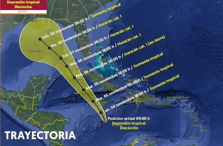 El centro de la depresión tropical se localiza a 310 kilómetros al sur de Kingston, Jamaica, y a mil 210 km al este-sureste de Puerto Costa Maya, Quintana Roo, indicó el SMN en un aviso. Foto @conagua_clima