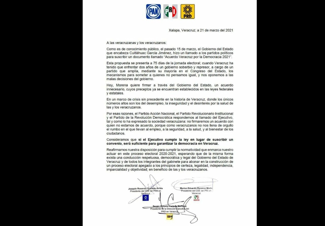 A través de un comunicado conjunto, los dirigentes estatales del PRI, PAN y PRD informaron que no se sumarán al Acuerdo Veracruz por la Democracia, el 22 de marzo de 2021. Foto tomada del Twitter @joaquin_GA 