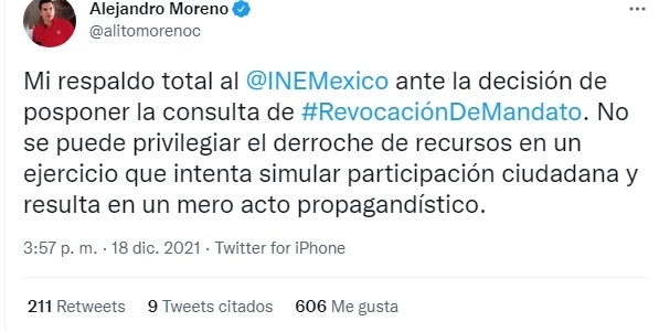 Alejandro Moreno difundió su postura en su cuenta de twitter.