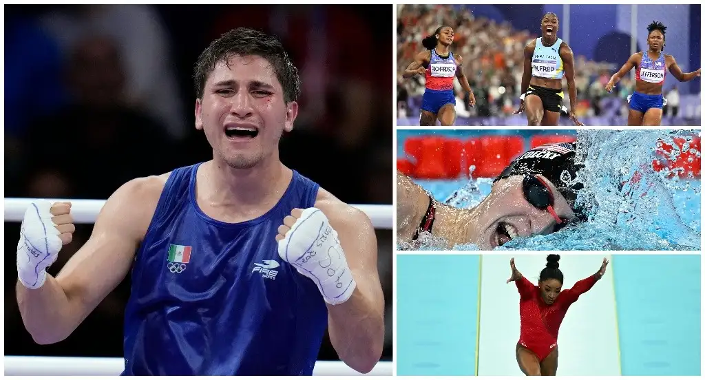 Sobre estas líneas, Marco Verde; a la izquierda, la final de 100 metros que ganó Julien Alfred (centro); abajo, la nadadora Katie Ledecky en los 800 estilo libre, y Simone Biles en la Bercy Arena. Fotos Xinhua, Ap y Afp 