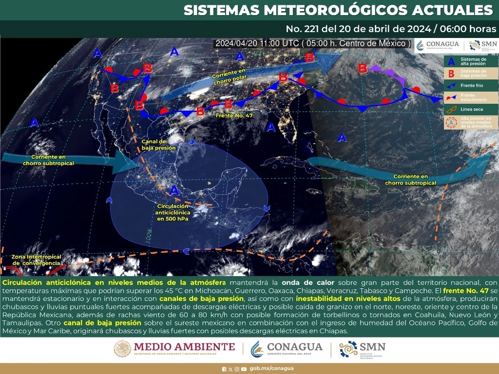 La Comisión Nacional del Agua informó que se mantendrá la onda de calor en gran parte del país, pero también se registrarán fuertes lluvias en Chapas, Coahuila, Hidalgo, Nuevo León, Puebla, Tamaulipas, Tlaxcala y Veracruz. Imagen tomada de @conagua_clima