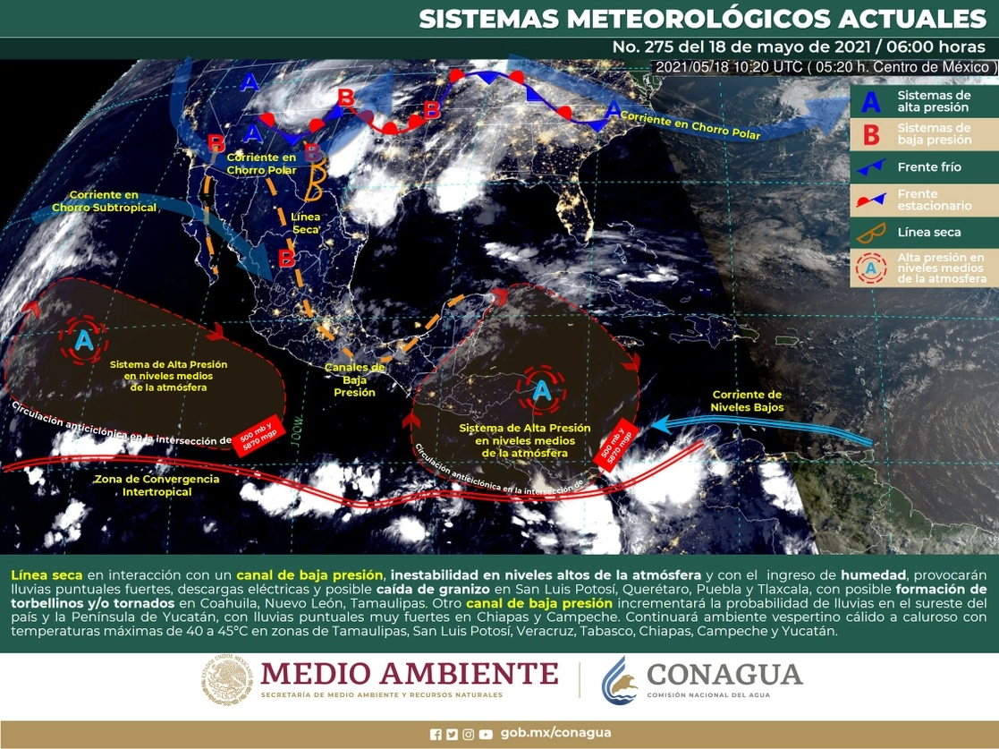 El Servicio Meteorológico Nacional pronostica lluvias muy fuertes en Campeche y Chiapas. Imagen tomada de @conagua_clima