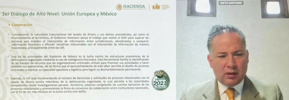 Santiago Nieto al participar en el Tercer Diálogo de Alto Nivel sobre Justicia y Seguridad entre México y la Unión Europea, el 11 de mayo de 2021. Imagen tomada del Twitter de @SNietoCastillo