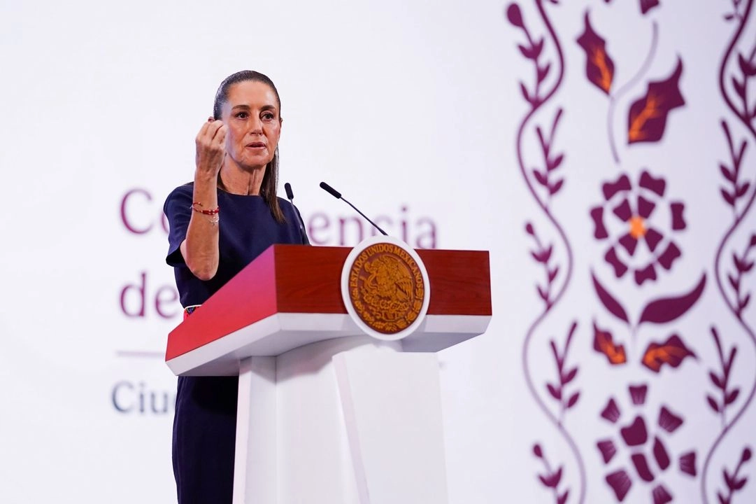 La presidenta Claudia Sheinbaum durante su conferencia matutina en Palacio Nacional, en la Ciudad de México, el 23 de mayo de 2025. 
