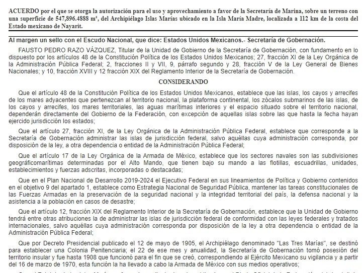 El acuerdo en que se establece la entrega formal a Semar de terrenos en Islas Marías. Imagen tomada del sitio https://www.dof.gob.mx/nota_detalle.php?codigo=5593785&fecha=26/05/2020