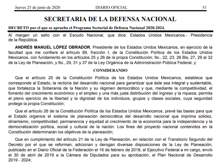 Fragmento del documento que enumera el Programa Sectorial de Sedena. Imagen tomada del sitio https://www.dof.gob.mx/