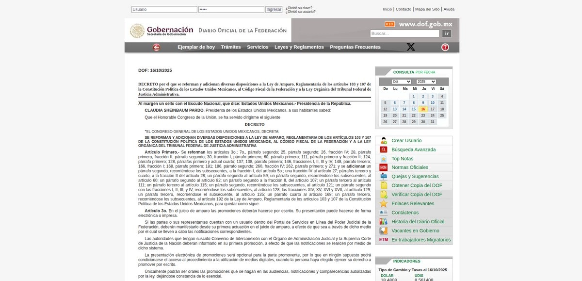 Captura de pantalla de la publicación en el Diario Oficial de la Federación. Foto