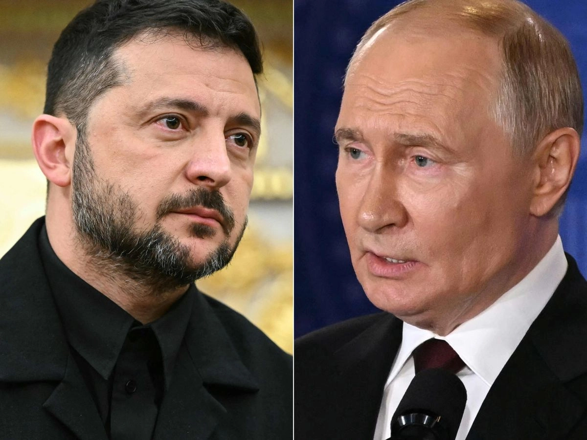 El presidente ucranio Zelensky (izquierda) en Washington, D. C. y el presidente ruso Vladimir Putin (derecha). 

