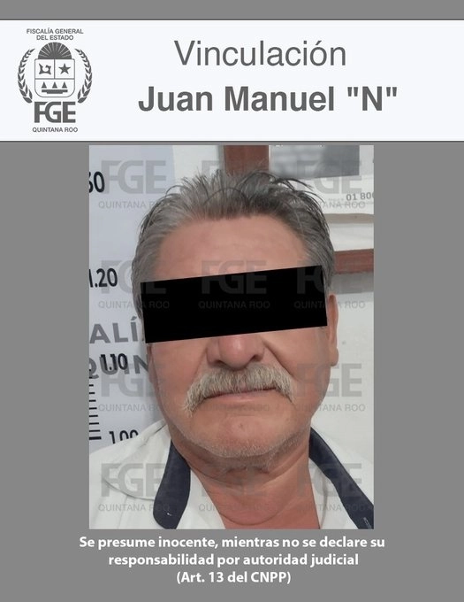 Juan Manuel “N”, fue vinculado a proceso por su presunta relación en hechos posiblemente constitutivos del delito de homicidio calificado en agravio de dos víctimas de oficio taxista. Foto @FGEQuintanaRoo

