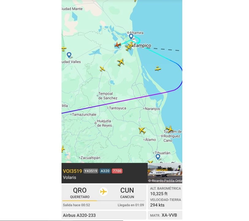 Captura de pantalla de la dirección del avión de Volaris que volvió a su origen por aparentes fallas mecánicas. Foto tomada de