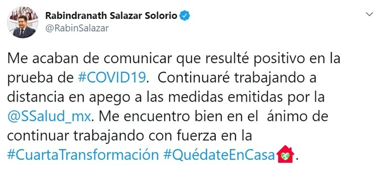 Rabindranath Salazar informó sobre el resultado de la prueba a través de su cuenta de Twitter. 