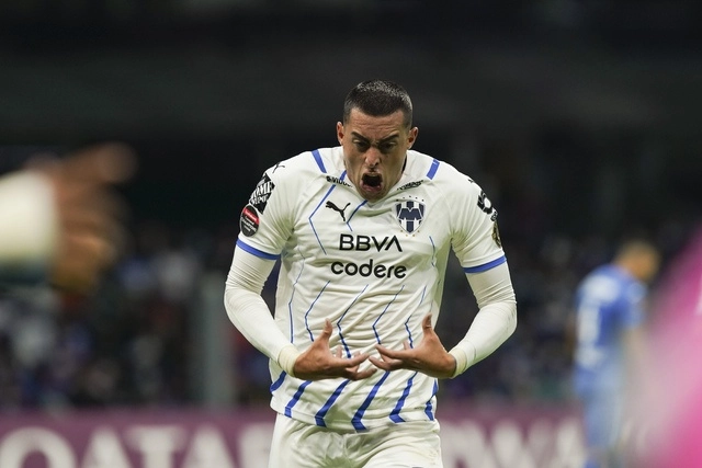 El delantero de Rayados, Rogelio Funes Mori festeja su anotación durante el encuentro. Foto Ap