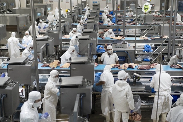 Trabajadores en una planta de cárnicos en Argentina, en imagen del viernes pasado. Foto Xinhua
