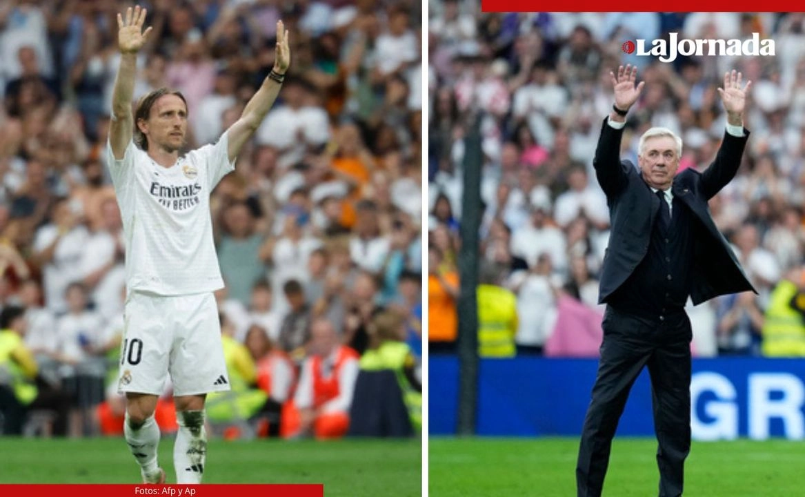 Luka Modric y el entrenador Carlo Ancelotti dicen adiós al Real Madrid durante su último duelo de La Liga ante Real Sociedad, partido que quedó 2-0 en favor del conjunto 'merengue'. Foto 