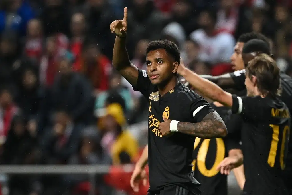 El brasileño Rodrygo Goes celebra su gol contra el Sporting Braga, en partido de la tercera fecha de la fase de grupos de la Liga de Campeones. Foto Afp.