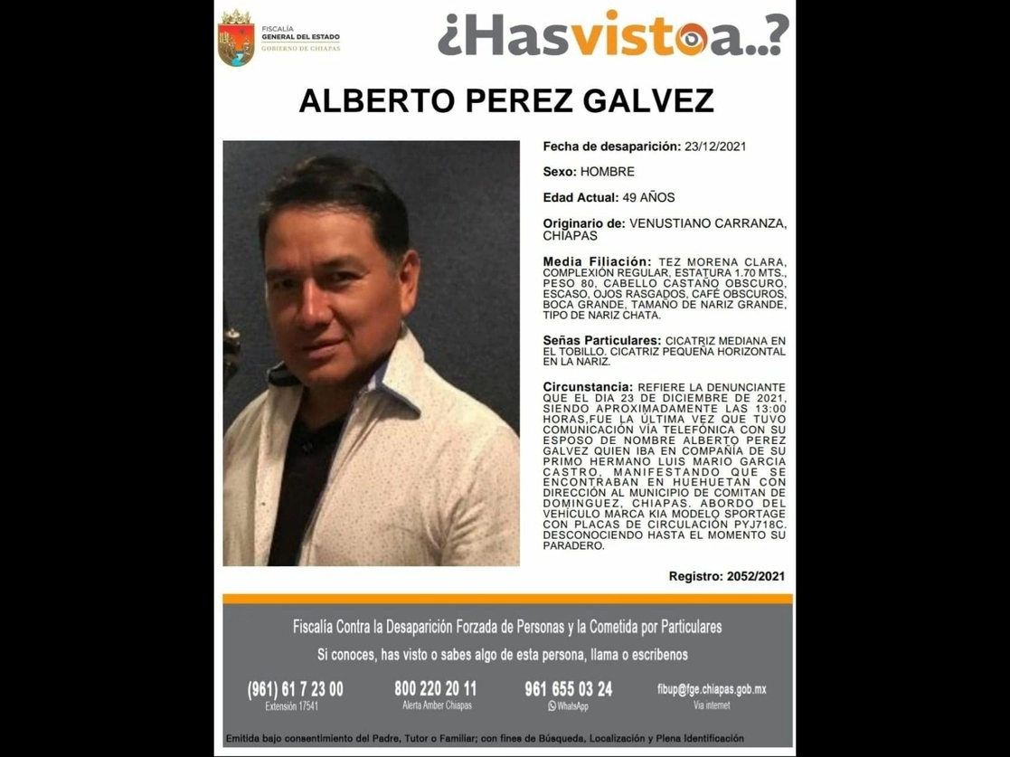 La CNDH refirió que el poeta Pérez Gálvez y su primo García Castro desaparecieron el pasado 24 de diciembre, mientras transitaban a bordo de un vehículo particular en la carretera que va de Huehuetán a Comitán, Chiapas.Imagen tomada de https://www.facebook.com/agalvez2