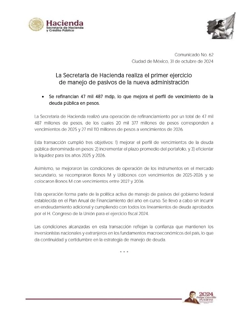 Comunicado difundido por la Secretaría de Hacienda en sus redes sociales.