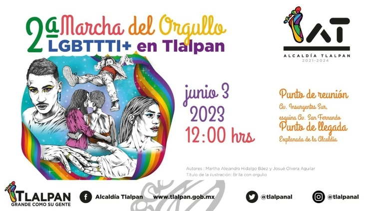 El cartel para esta marcha fue creado por Martha Alejandra Hidalgo Báez y Josué Olvera Aguilar quienes resultaron ganadores del concurso para elaborar el diseño de la ilustración que dio voz y espacio a quienes quisieron plasmar los acontecimientos más importantes para la comunidad LGBTTTIQ+. Imagen cortesía alcaldía Tlalpan