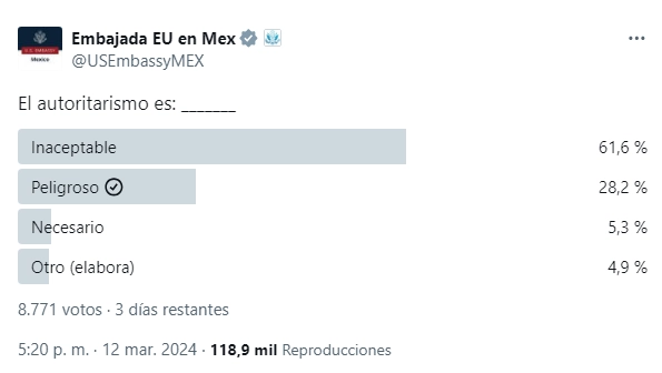 Imagen de la encuesta difundida en su cuenta de X por la Embajada de EU en México. 