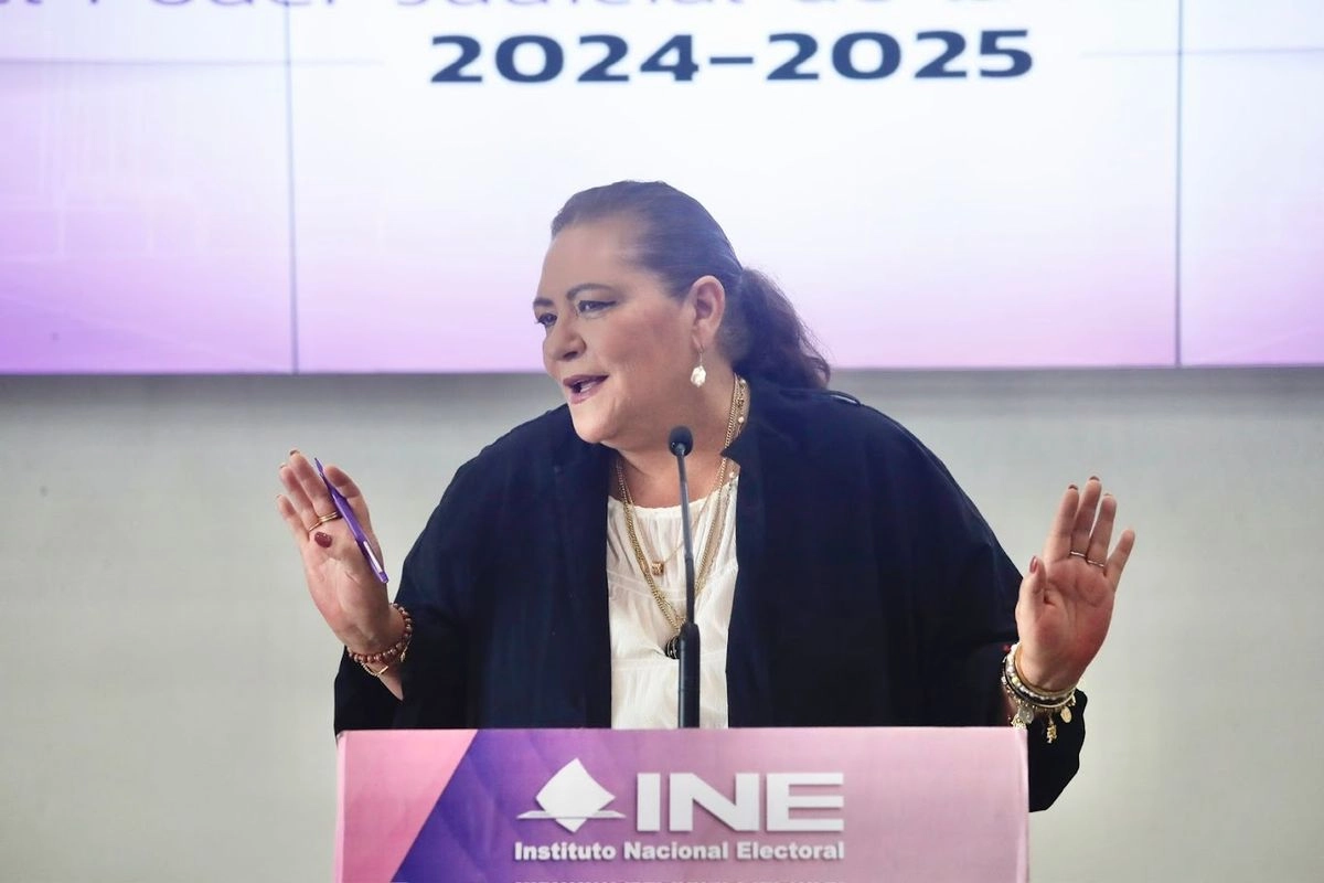 La consejera presidenta del INE, Guadalupe Taddei, ofrece conferencia de prensa, en instalaciones del organismo, en la Ciudad de México, el 15 de julio de 2025. 