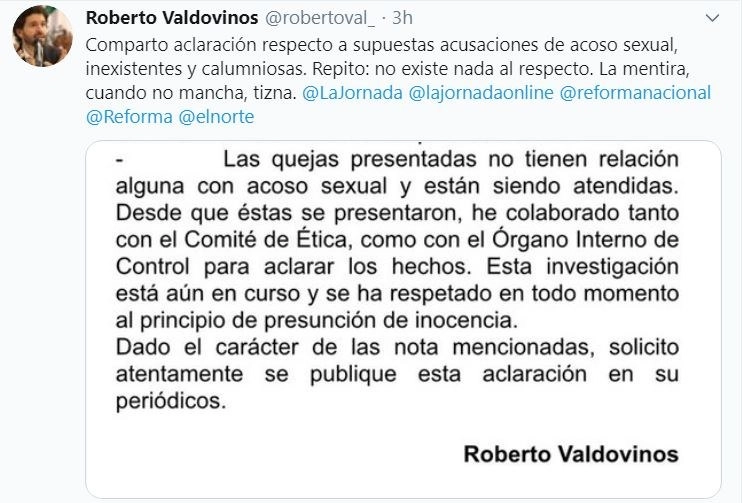 En su cuenta de Twitter, @robertoval_, el funcionario emitió una carta para exponer su situación ante las quejas