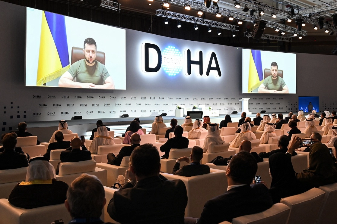 Conferencia de prensa del presidente ucranio Volodymir Zelensky donde por primera vez estuvieron presentes medios rusos. Foto Afp