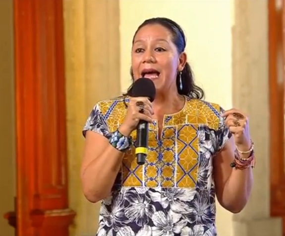 La secretaria del Bienestar, María Luisa Albores González durante conferencia de prensa Fotograma tomado del video emitido por el Gobierno de México