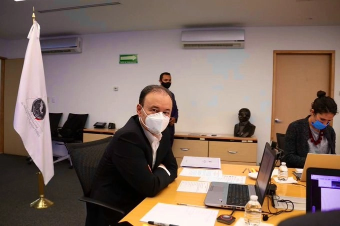 El titular de la SSPC, Alfonso Durazo durante la reunión virtual entre la Zona - Sureste de la Conferencia Nacional de Secretarios de Seguridad Pública. Foto tomada de la cuenta de Twitter @AlfonsoDurazo