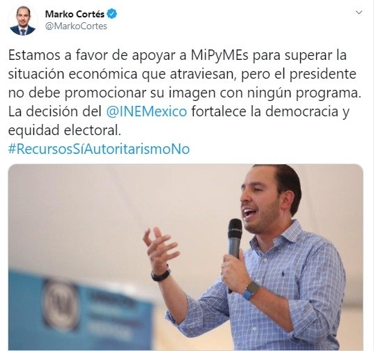 Mensaje difundido por el líder nacional del PAN a través de su cuenta de Twitter @MarkoCortes