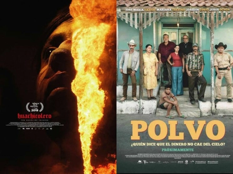 Carteles de los filmes "Huachicolero", a la izquierda, y "Polvo", a la derecha. Imágenes tomadas del Twitter de @imcine