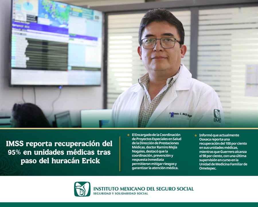 El encargado de la Coordinación de Proyectos Especiales en Salud del IMSS, doctor Ramiro Mejía, detalló que desde la formación de la tormenta ‘Erick’, el Seguro Social activó el monitoreo permanente. Imagen tomada de 