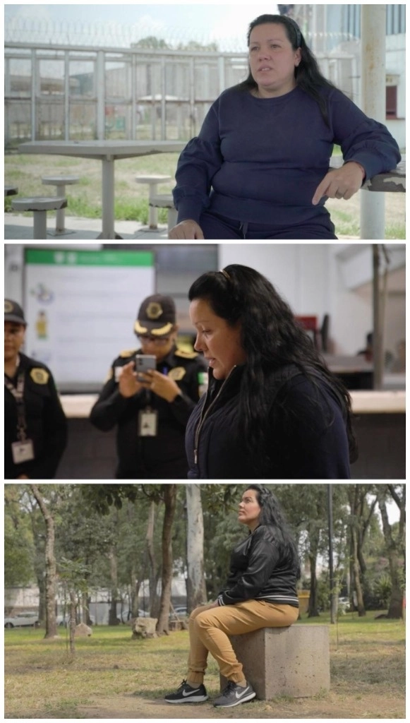 Karime, durante la entrevista en Santa Martha Acatitla para la primera temporada, y luego de salir del penal, parte del especial del sábado. Foto cortesía de la producción 