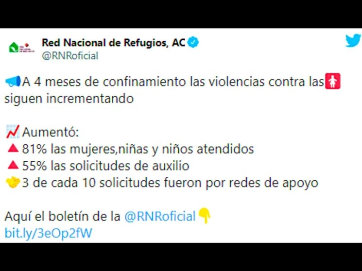 Los tipos de violencias que mayoritariamente se perpetraron contra las mujeres, según la información que proporcionaron las víctimas, fue violencia física 41.15 por ciento; emocional, 23.29 por ciento; económica y patrimonial, 5.46 por ciento, y sexual, 3.63 por ciento. Imagen tomada del Twitter @RNRoficial
