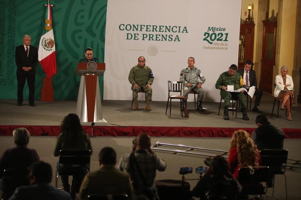 Rosa Icela Rodríguez, secretaria de Seguridad y Protección Ciudadana, en la conferencia matutina en Palacio Nacional, el 21 de abril de 2021. Foto José Antonio López