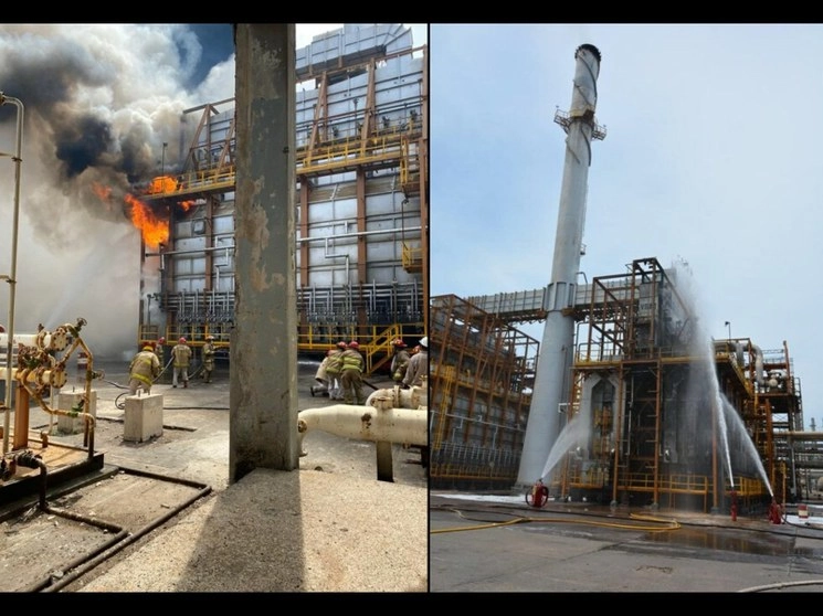 Incendio en la refinería Antonio Dovalí Jaime, en Salina Cruz, Oaxaca, tras el sismo. Foto tomada de la cuenta de Twitter @Pemex