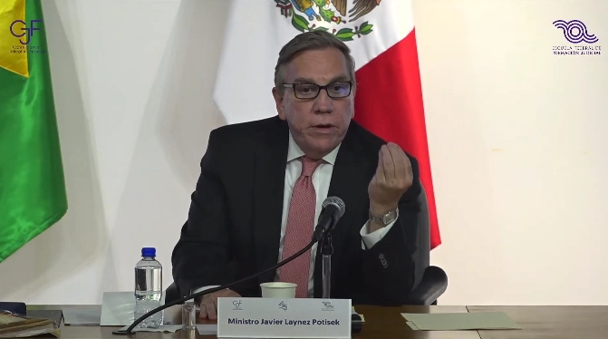 El ministro Javier Laynez participó en la inauguración del Encuentro “Comercio Internacional y el Derecho Laboral en Latinoamérica”, realizado en la sede de la Escuela Federal de Formación Judicial. Imagen tomada de la transmisión en vivo 