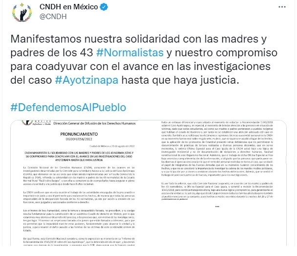 Publicación de la CNDH en su cuenta de twitter.