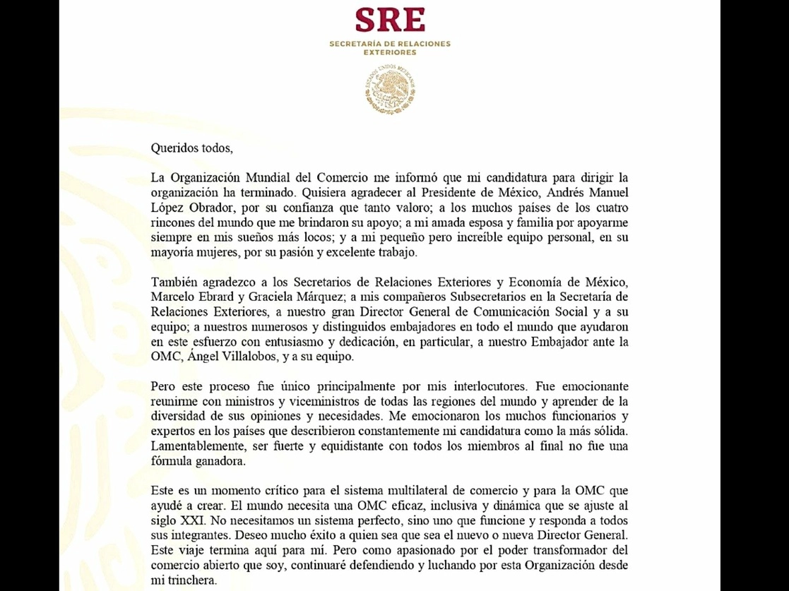 Carta difundida este viernes por el subsecretario de SRE, Jesús Seade, tras quedar fuera de la carrera para encabezar la OMC. Imagen tomada del Twitter de @JesusSeade
