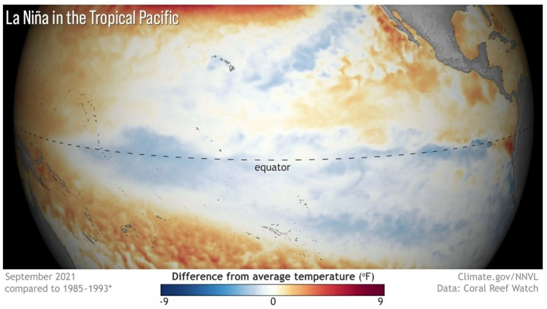 Las temperaturas de la superficie del mar son más frías que el promedio a lo largo del Ecuador, lo que es indicativo del fenómeno meteorológico conocido como ‘La Niña’ en el Océano Pacífico tropical, en una imagen de septiembre de 2021. Foto Europa Pres