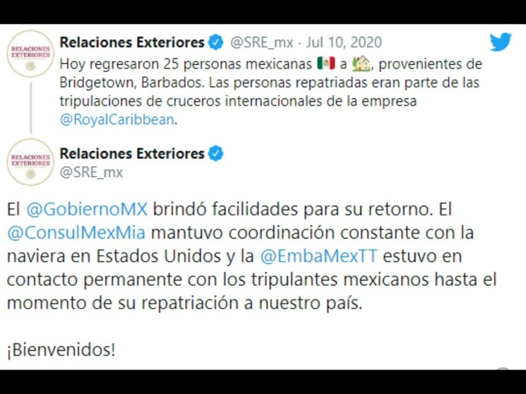 Imagen tomada del mensaje publicado por la SRE a través de su cuenta en Twitter 