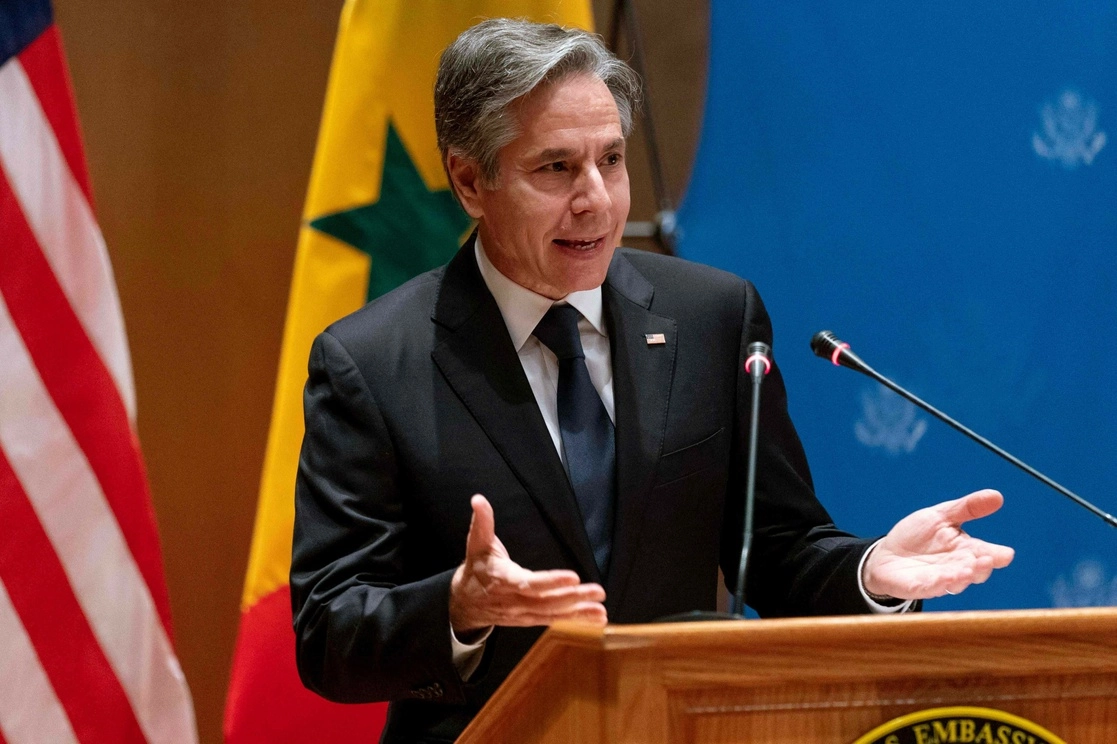 El secretario de Estado de los Estados Unidos, Antony Blinken, pronuncia un discurso durante un evento diplomático en Dakar, el 20 de noviembre de 2021. Foto Afp