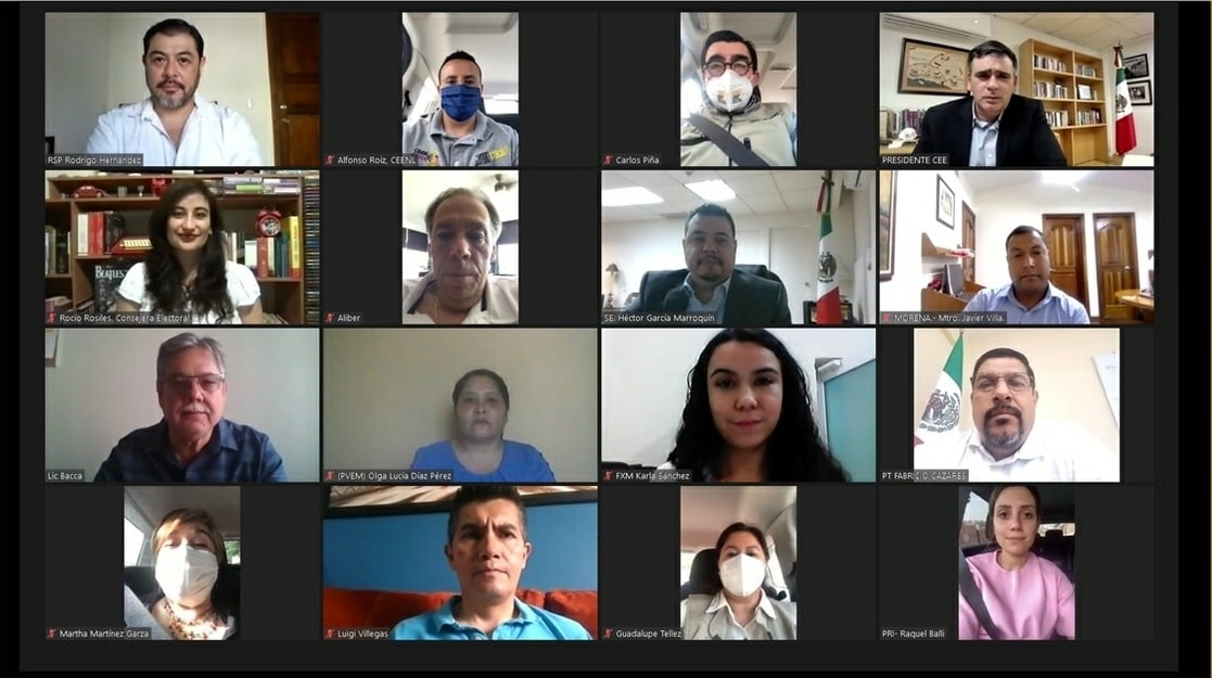 Los integrantes de la Comisión Estatal Electoral de Nuevo León en la sesión extraordinaria del 28 de abril de 2021. Foto tomada del Facebook de @ceenlmx