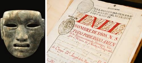 Máscara olmeca y el libro En el nombre de Dios, dos de los bienes repatriados. Foto cortesía de la SC federal