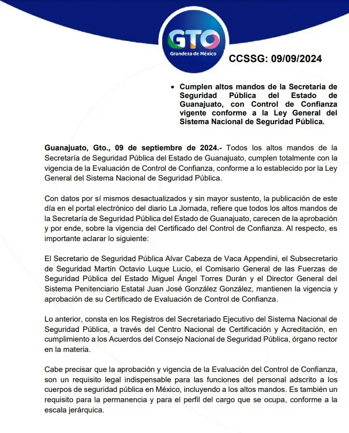 Todos los altos mandos de la  Secretaría de Seguridad Pública del Estado de Guanajuato, cumplen totalmente con la  vigencia de la Evaluación de Control de Confianza