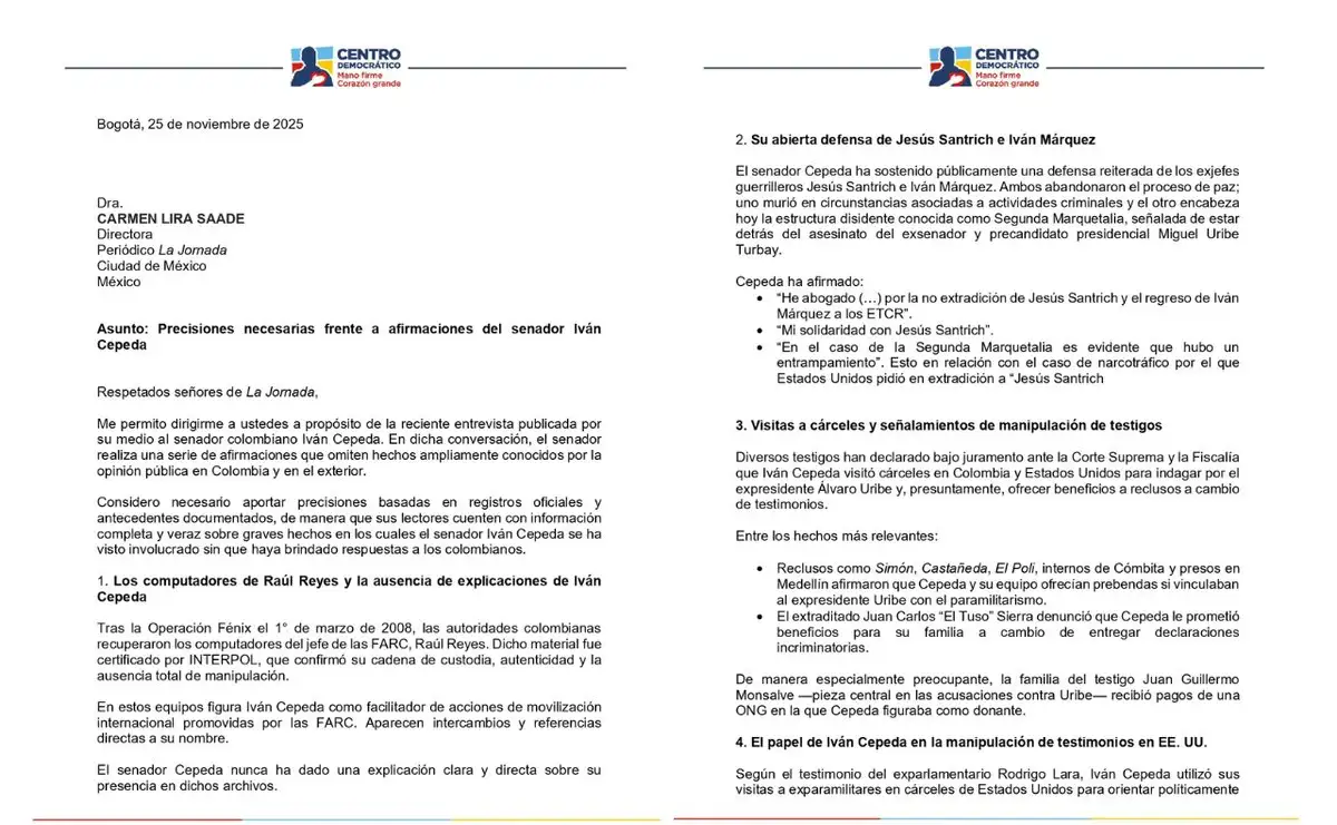 Carta del director de Centro Democrático.